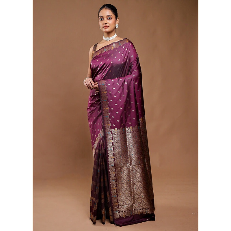 Wine Dupion Silk Saree With Blouse Piece - JD986610745