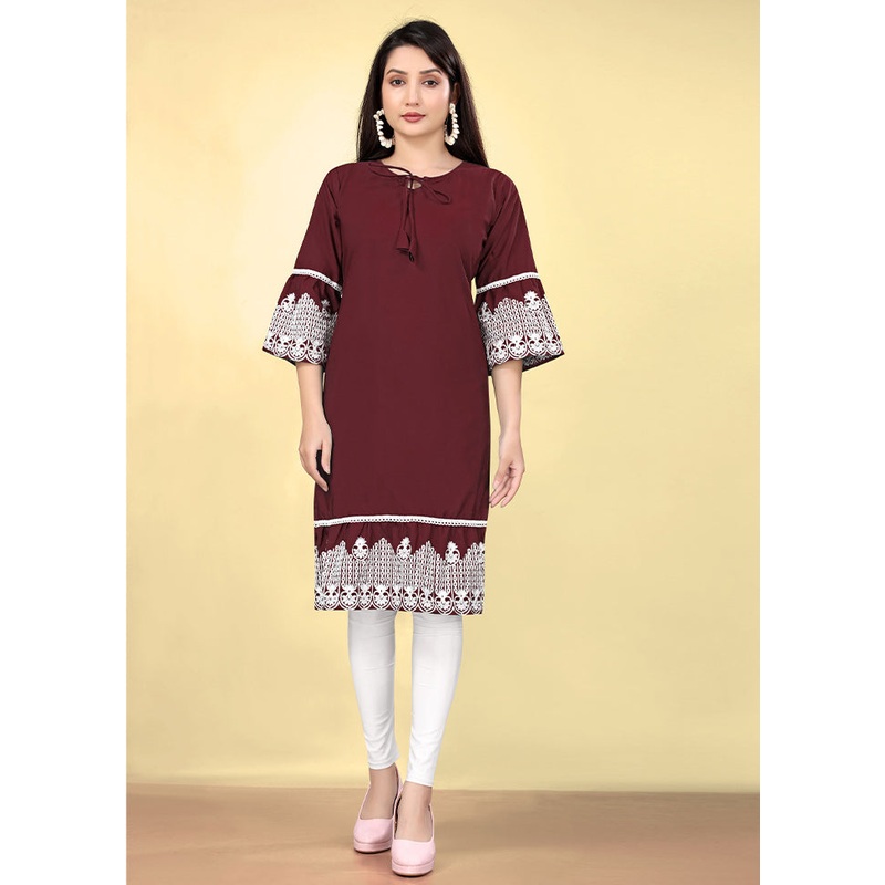 Wine Readymade Cotton Kurti - JD986610708