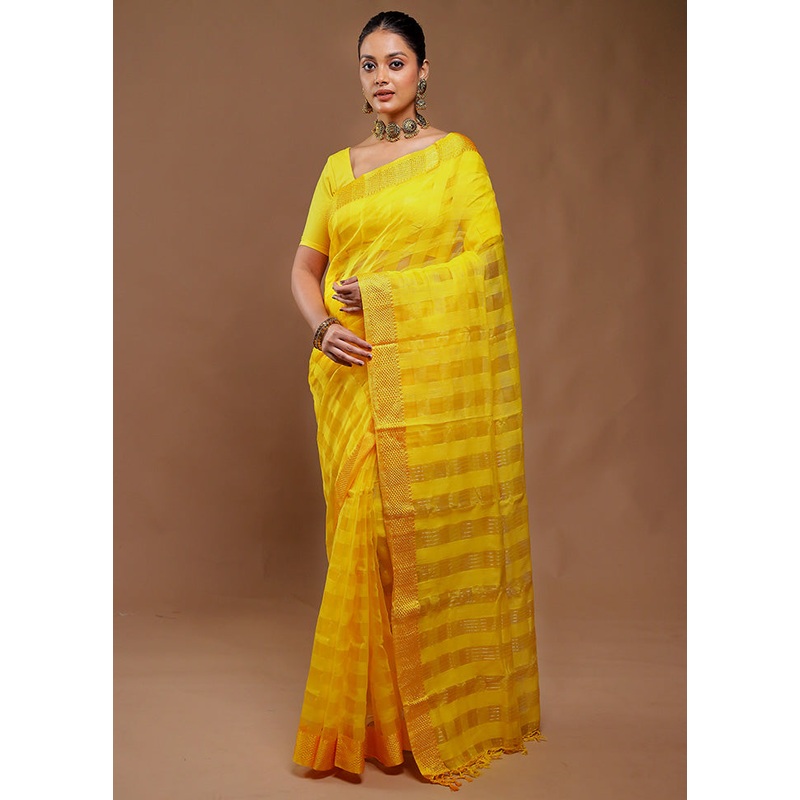 Yellow Cotton Saree With Blouse Piece - JD986610743