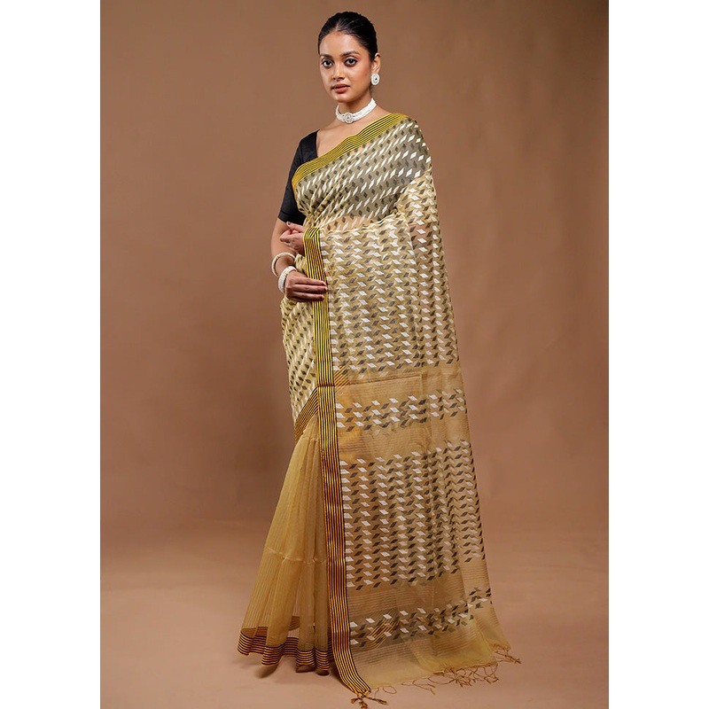 Yellow Cotton Saree With Blouse Piece - JD986610744