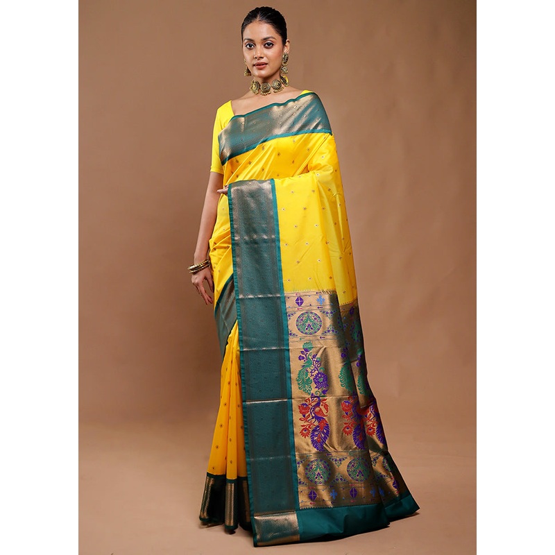 Yellow Kanjivaram Silk Saree With Blouse Piece - JD986610742