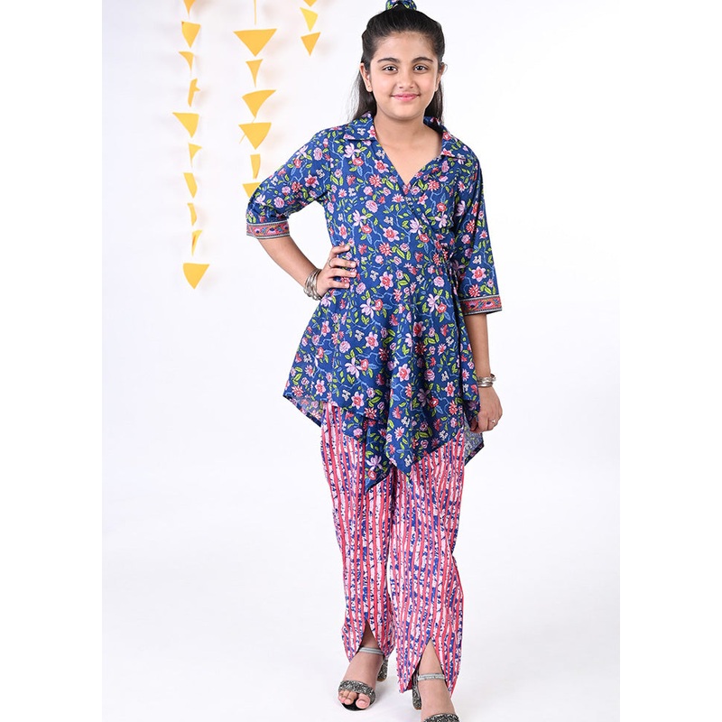 2 Pc Navy Blue Cotton Top And Dhoti Set - JD986610486
