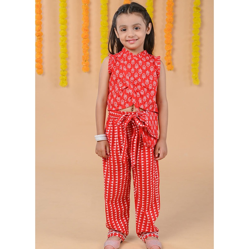2 Pc Red Cotton Top And Pant Set - JD986610483