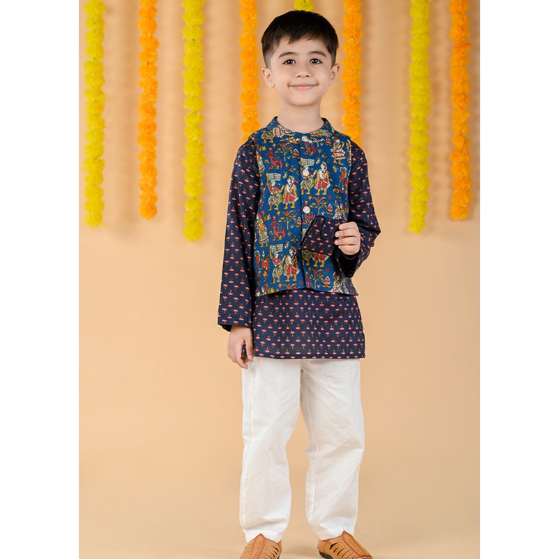3 Pc Golden Cotton Kurta Pajama And Jacket Set - JD986610479