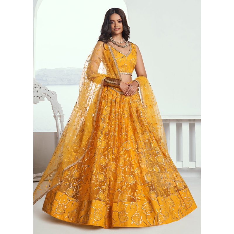 3 Pc Yellow Net Semi Stitched Lehenga Set - JD986610676