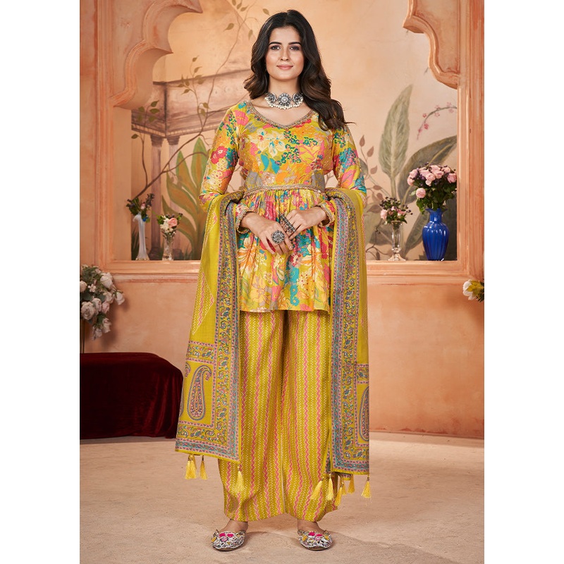 3 Pc Yellow Readymade Silk Suit Set - JD986610548