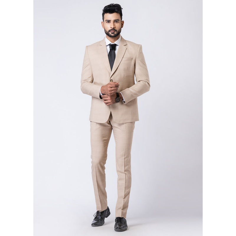 Beige Silk Full Sleeves Mandarin Collar Blazer with Trouser Set - JD986610546