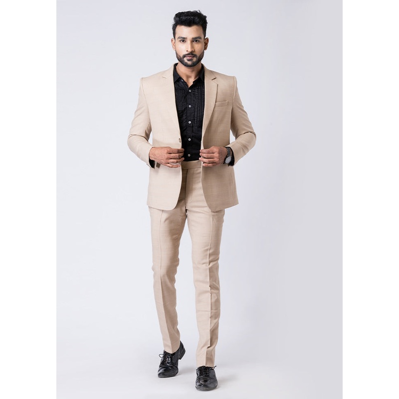 Beige Silk Full Sleeves Mandarin Collar Blazer with Trouser Set - JD986610547