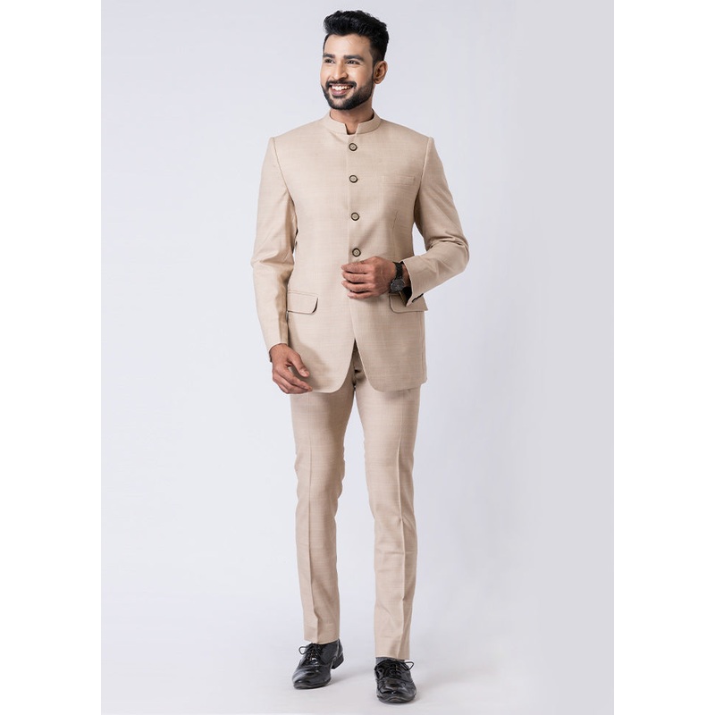 Beige Silk Full Sleeves Mandarin Collar Jodhpuri Kurta With Trouser Set - JD986610545