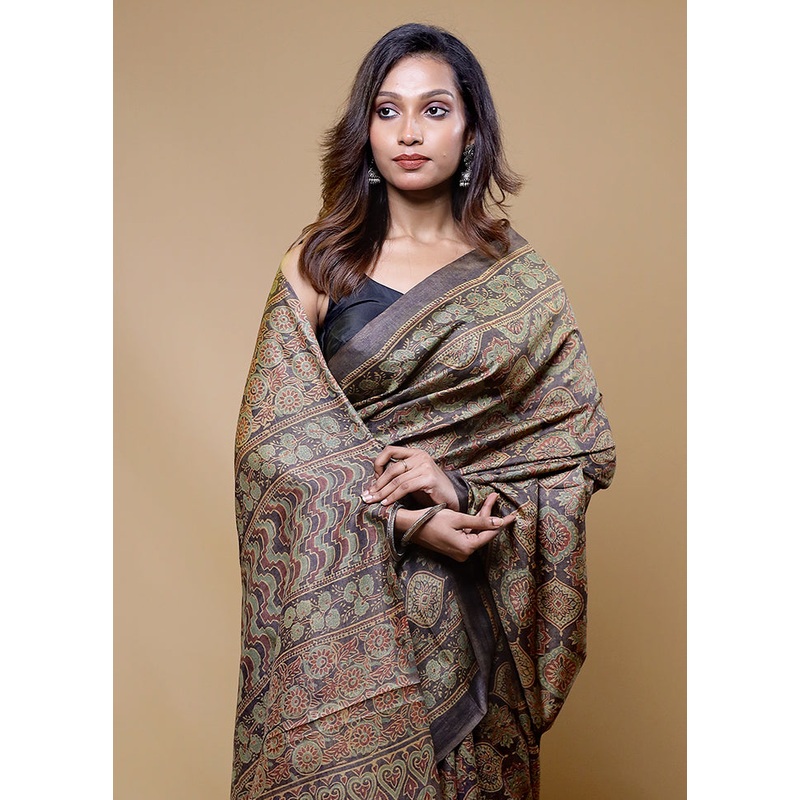 Black Handloom Tussar Pure Silk Saree With Blouse Piece - JD986610522