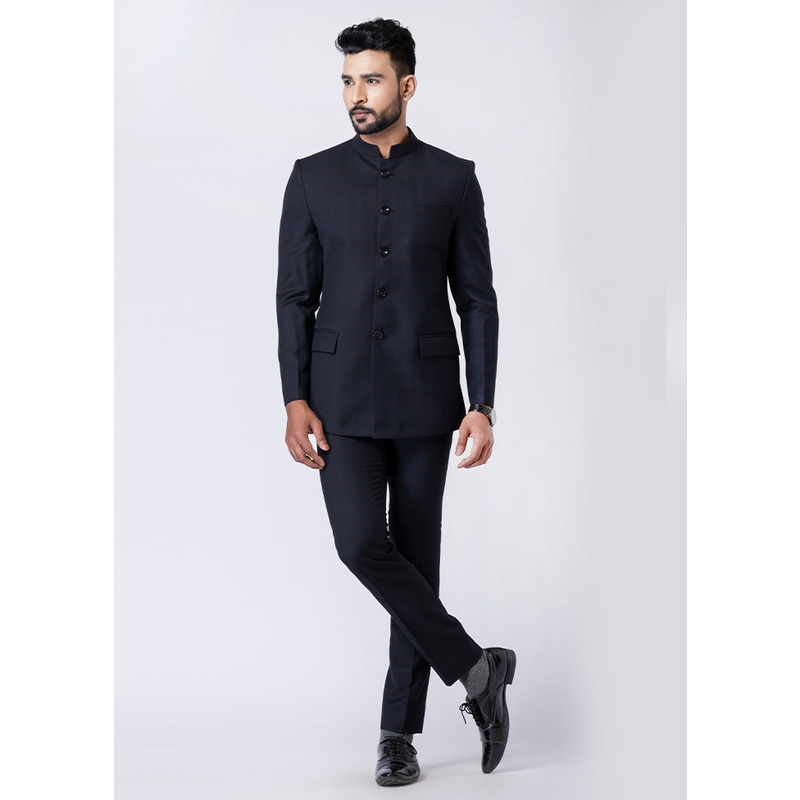 Black Silk Full Sleeves Mandarin Collar Jodhpuri Kurta With Trouser Set - JD986610543