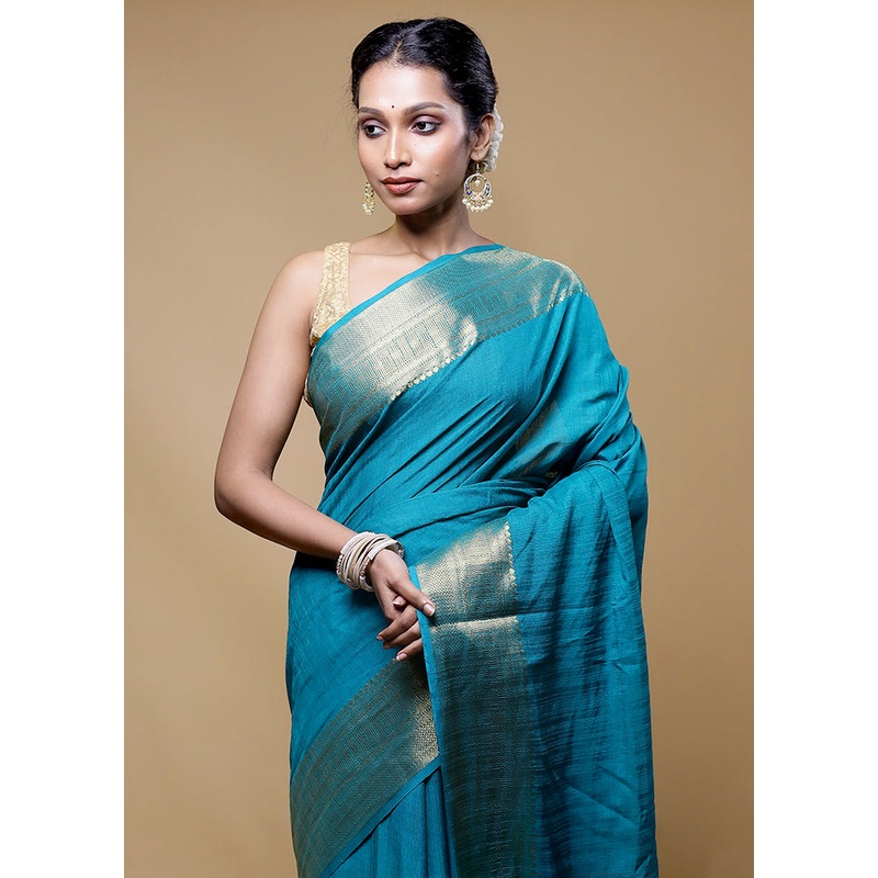 Blue Dupion Silk Saree With Blouse Piece - JD986610521