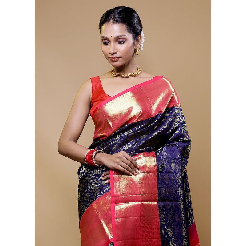 Blue Handloom Kanchipuram Pure Silk Saree With Blouse Piece - JD986610518