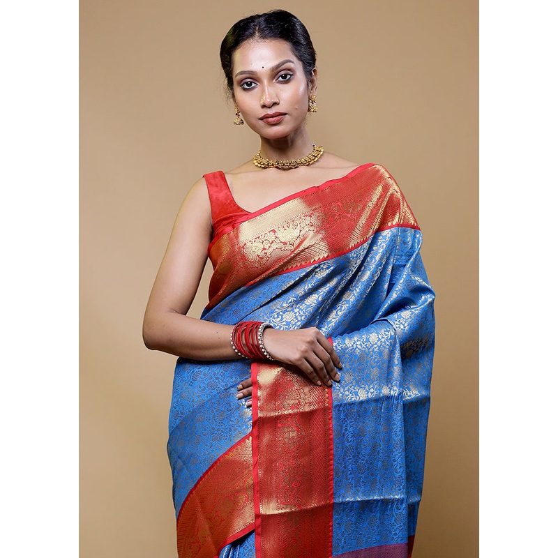Blue Kanjivaram Silk Saree With Blouse Piece - JD986610517