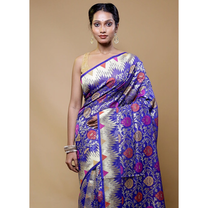 Blue Organza Saree With Blouse Piece - JD986610516