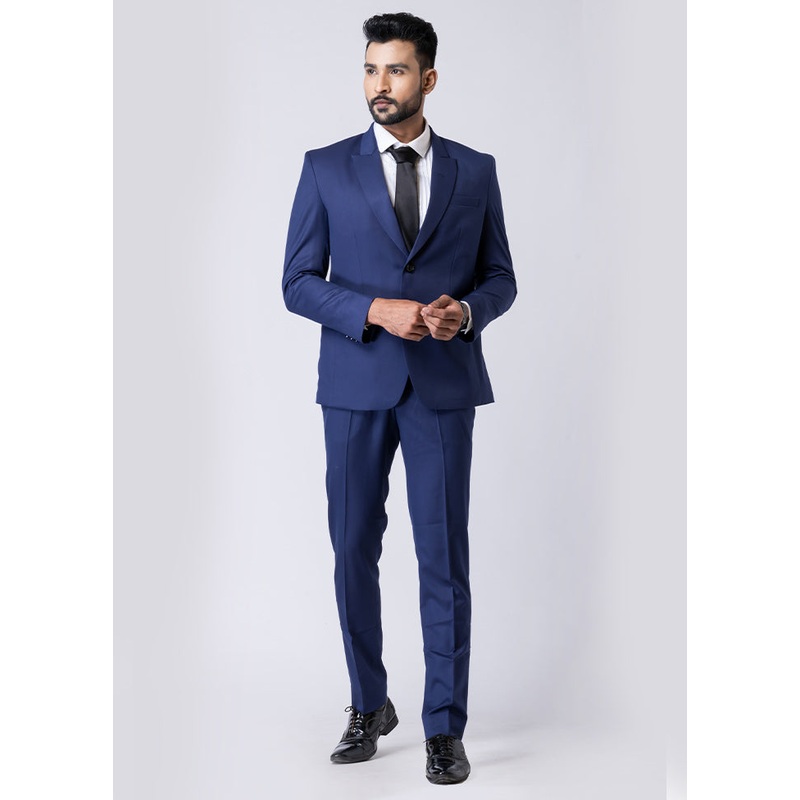 Blue Silk Full Sleeves Mandarin Collar Blazer with Trouser Set - JD986610542