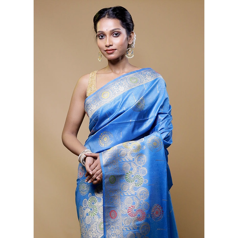 Blue Tissue Silk Saree With Blouse Piece - JD986610513
