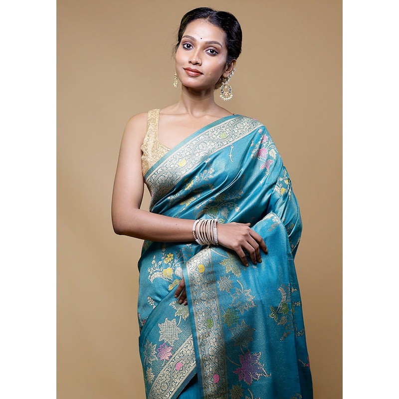 Blue Tissue Silk Saree With Blouse Piece - JD986610514