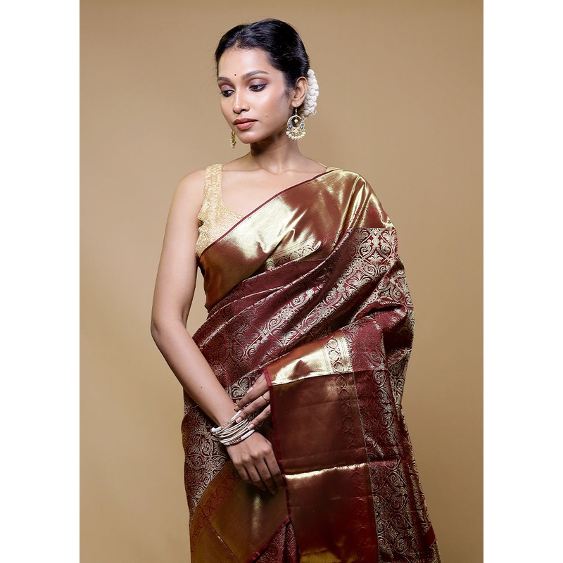 Brown Handloom Kanchipuram Pure Silk Saree With Blouse Piece - JD986610512