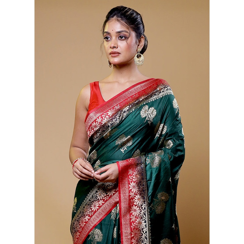 Green Dupion Silk Saree With Blouse Piece - JD986610559