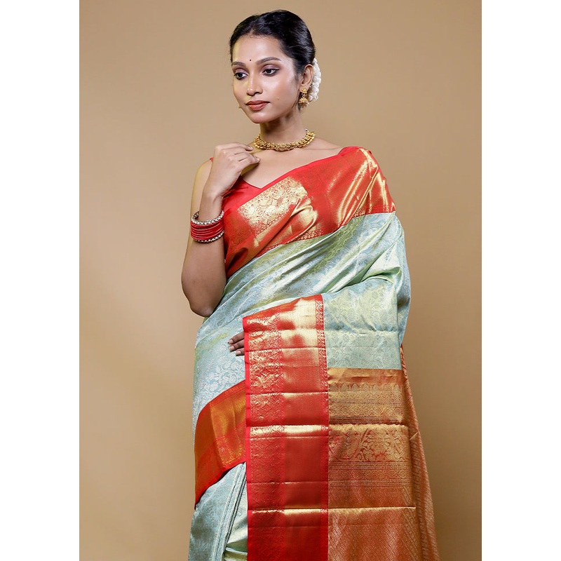 Green Handloom Kanchipuram Pure Silk Saree With Blouse Piece - JD986610511