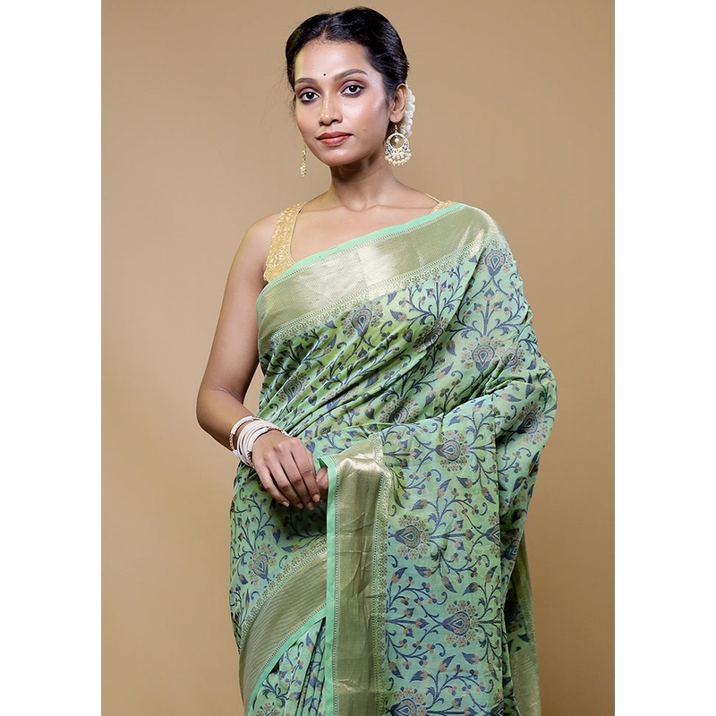 Green Kora Silk Saree With Blouse Piece - JD986610509