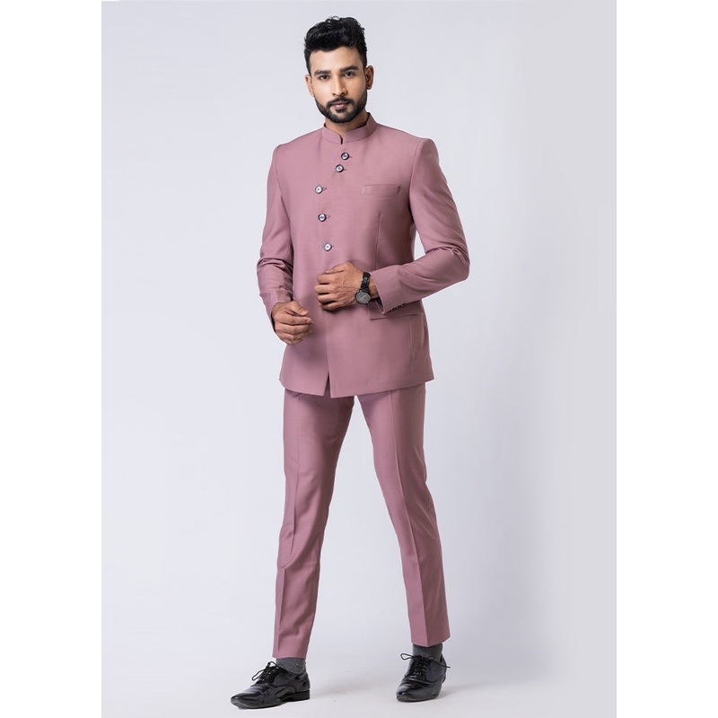 Mauve Silk Full Sleeves Mandarin Collar Jodhpuri Kurta With Trouser Set - JD986610534