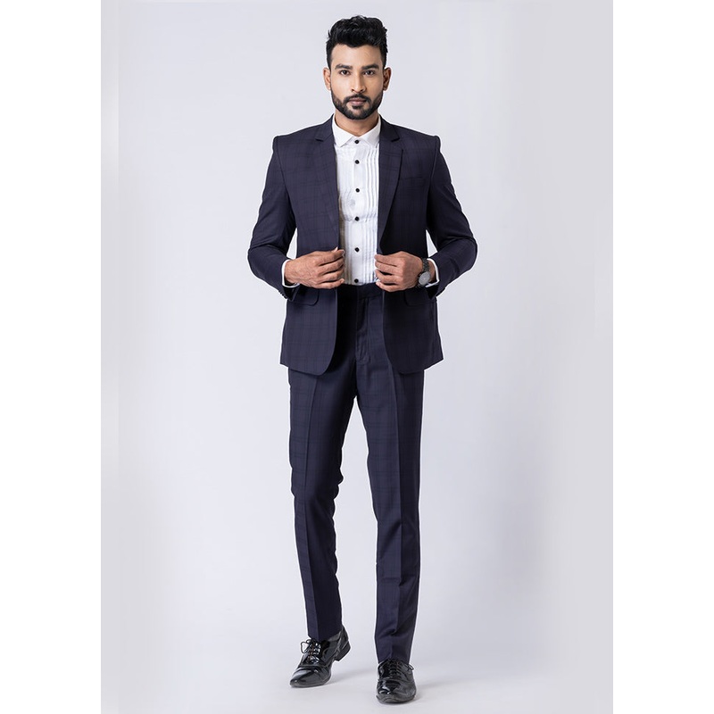 Navy Blue Silk Full Sleeves Mandarin Collar Blazer with Trouser Set - JD986610530