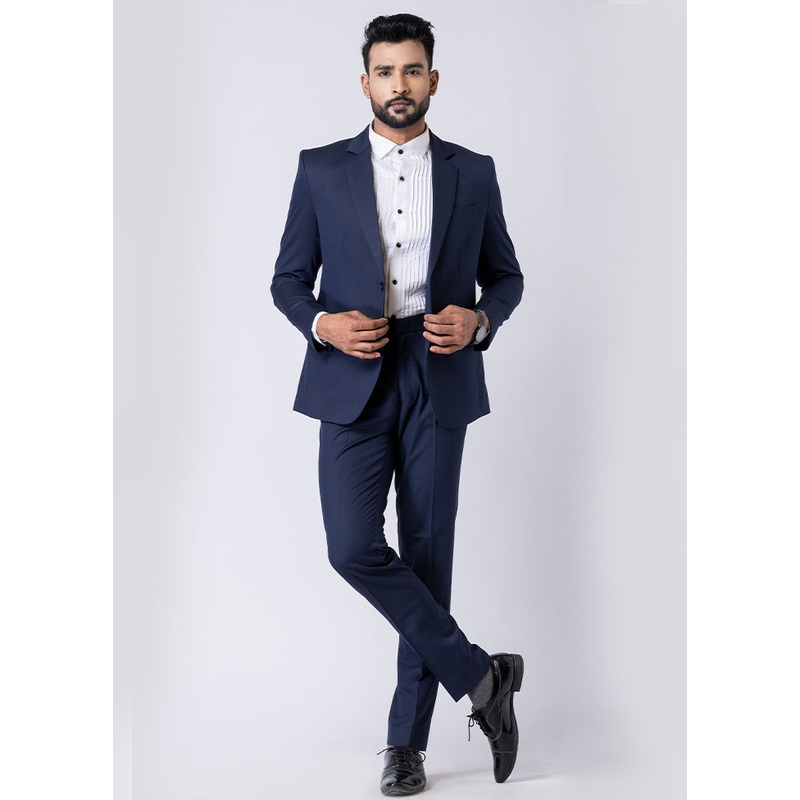 Navy Blue Silk Full Sleeves Mandarin Collar Blazer with Trouser Set - JD986610531