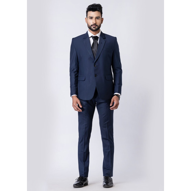 Navy Blue Silk Full Sleeves Mandarin Collar Blazer with Trouser Set - JD986610532