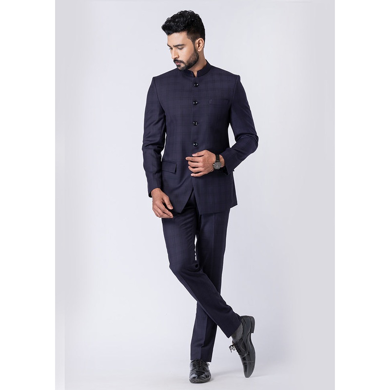 Navy Blue Silk Full Sleeves Mandarin Collar Jodhpuri Kurta With Trouser Set - JD986610526