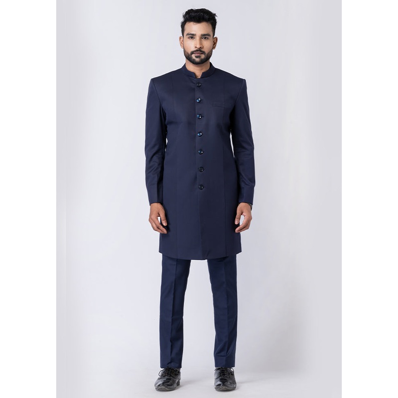 Navy Blue Silk Full Sleeves Mandarin Collar Jodhpuri Kurta With Trouser Set - JD986610527
