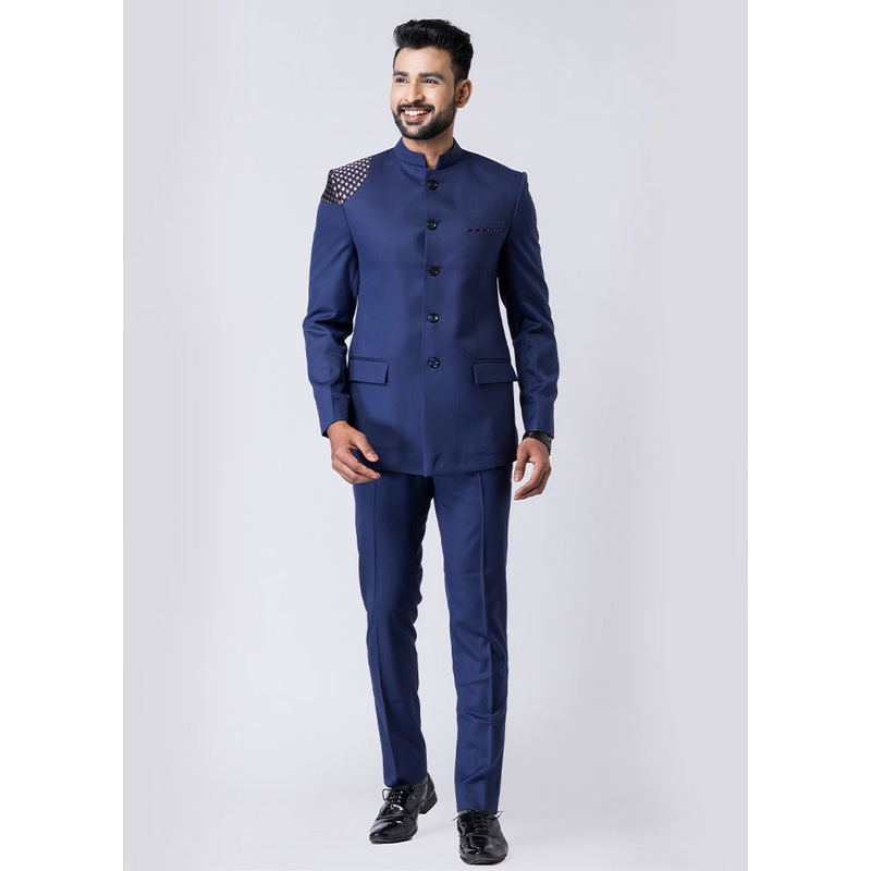 Navy Blue Silk Full Sleeves Mandarin Collar Jodhpuri Kurta With Trouser Set - JD986610528