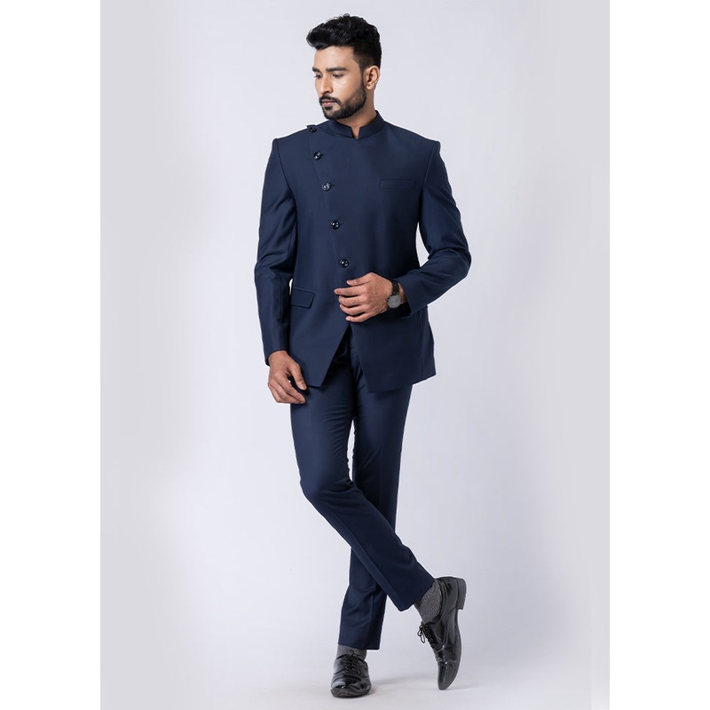 Navy Blue Silk Full Sleeves Mandarin Collar Jodhpuri Kurta With Trouser Set - JD986610529