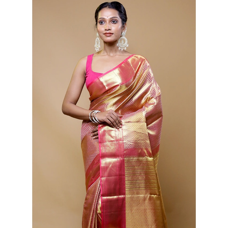 Pink Handloom Kanchipuram Pure Silk Saree With Blouse Piece - JD986610499