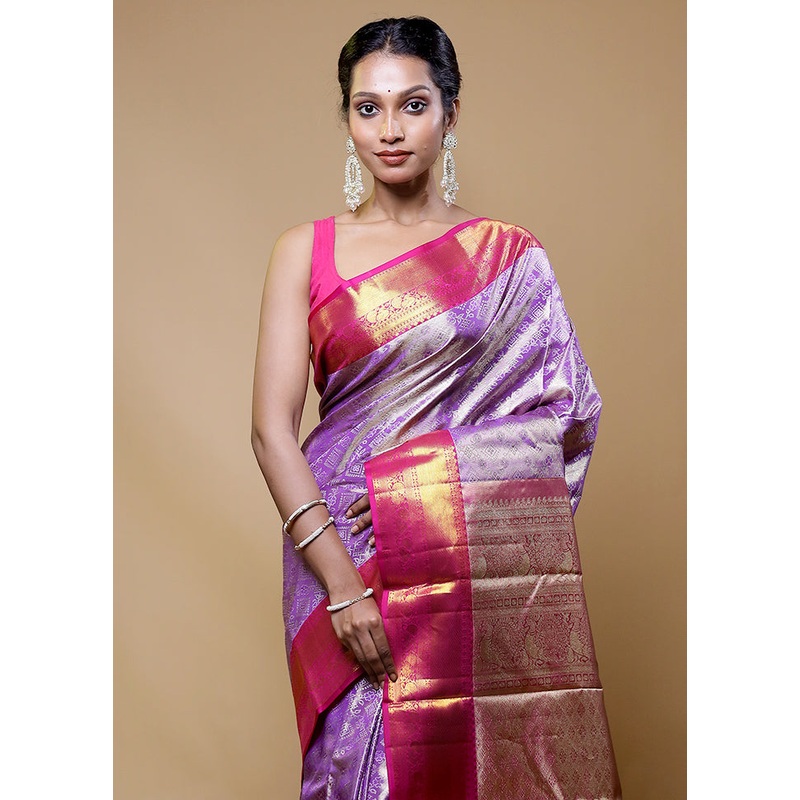 Purple Handloom Kanchipuram Pure Silk Saree With Blouse Piece - JD986610497