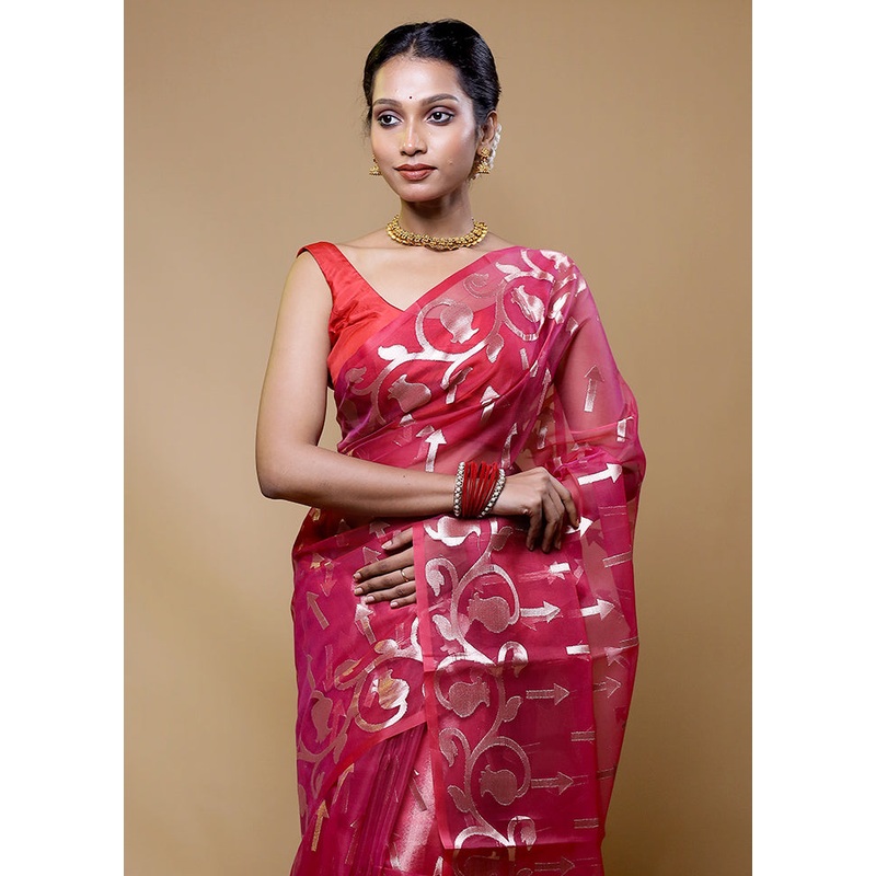 Red Organza Saree With Blouse Piece - JD986610496