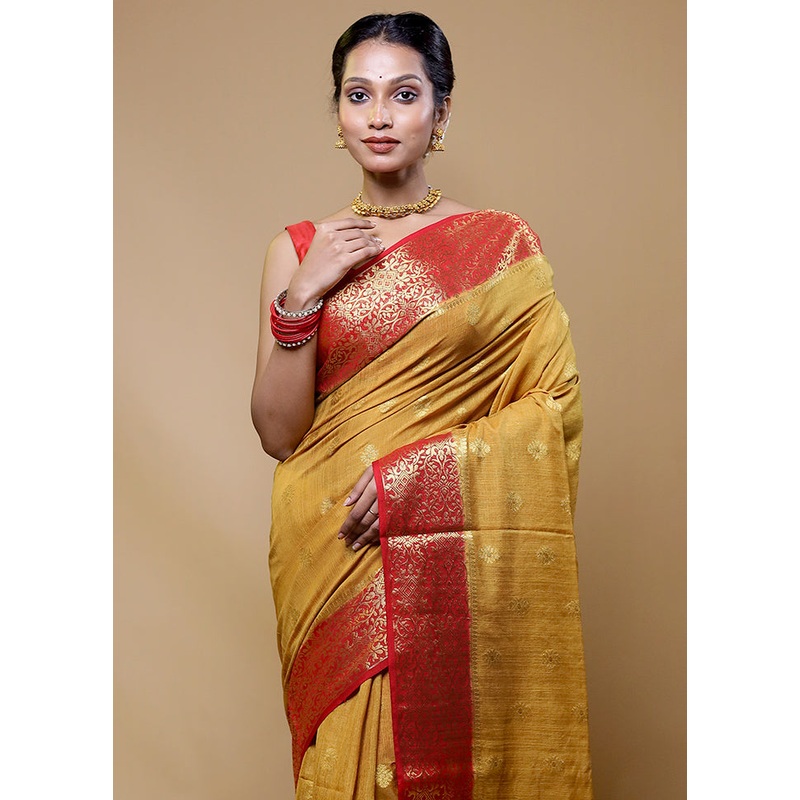 Yellow Dupion Silk Saree With Blouse Piece - JD986610495