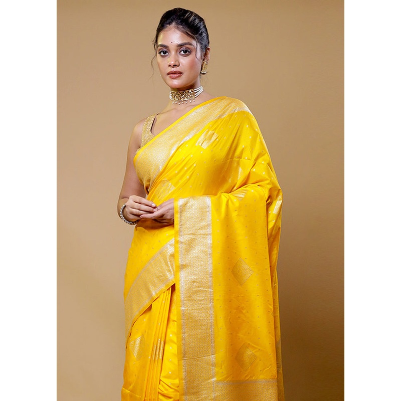 Yellow Dupion Silk Saree With Blouse Piece - JD986610550