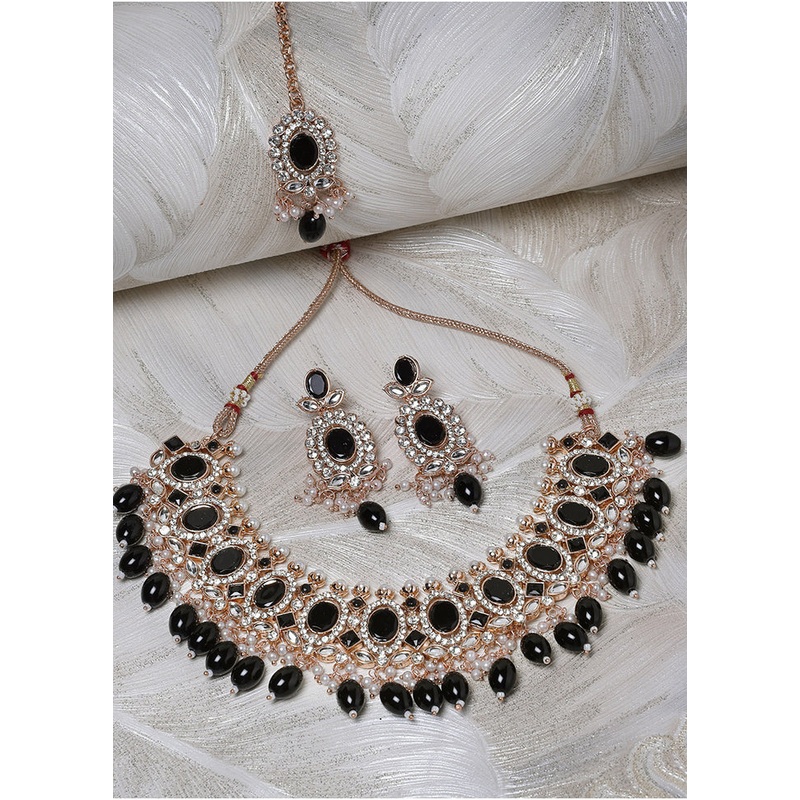 Black Alloy Glossy Jewellery Set - JD986610197