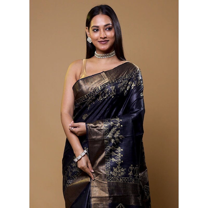 Black Handloom Tussar Pure Silk Saree With Blouse Piece - JD986610443