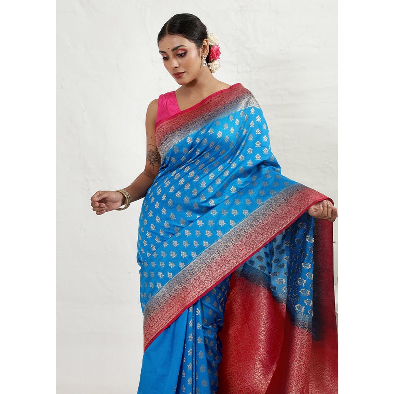 Blue Dupion Silk Saree With Blouse Piece - JD986610452