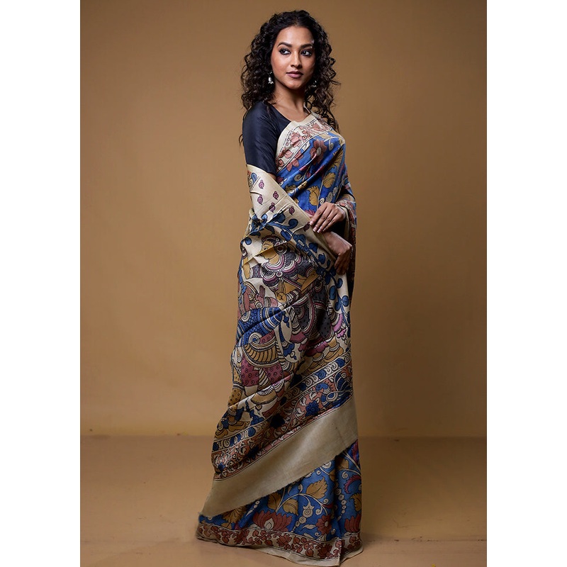 Blue Handloom Tussar Pure Silk Saree With Blouse Piece - JD986610441