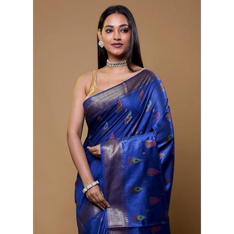 Blue Tussar Silk Saree With Blouse Piece - JD986610440