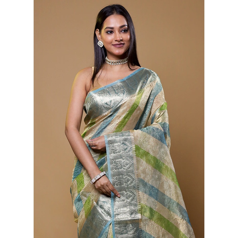 Cream Crushed Tissue Silk Saree With Blouse Piece - JD986610439