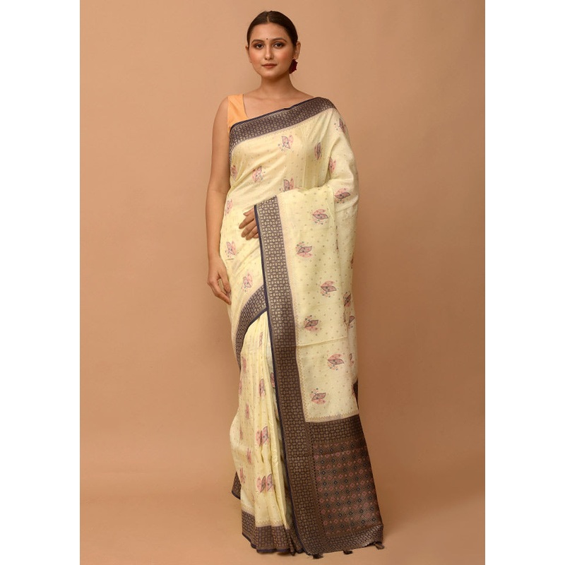 Cream Dupion Silk Saree With Blouse Piece - JD986610447