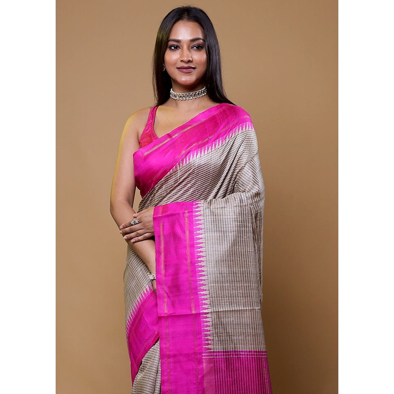 Cream Handloom Tussar Pure Silk Saree With Blouse Piece - JD986610432