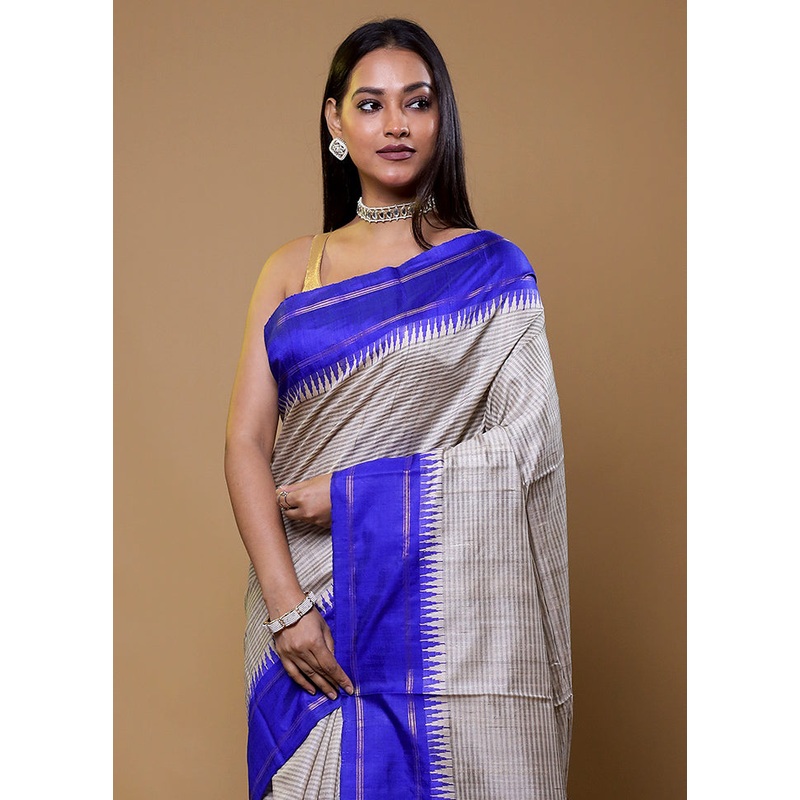 Cream Handloom Tussar Pure Silk Saree With Blouse Piece - JD986610433