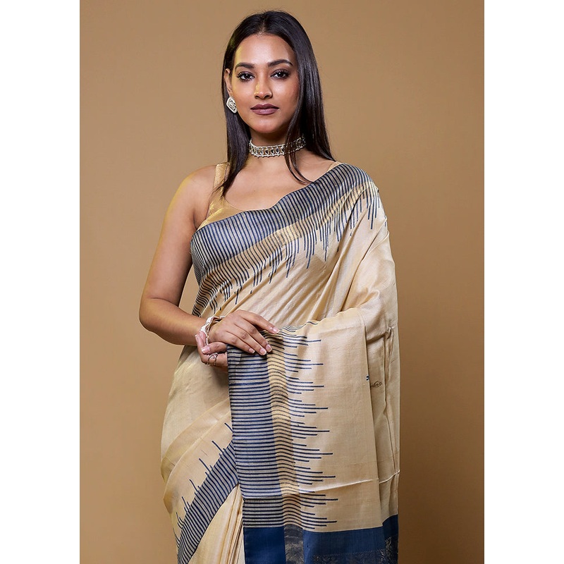 Cream Handloom Tussar Pure Silk Saree With Blouse Piece - JD986610434