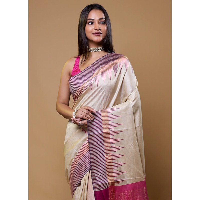 Cream Handloom Tussar Pure Silk Saree With Blouse Piece - JD986610435